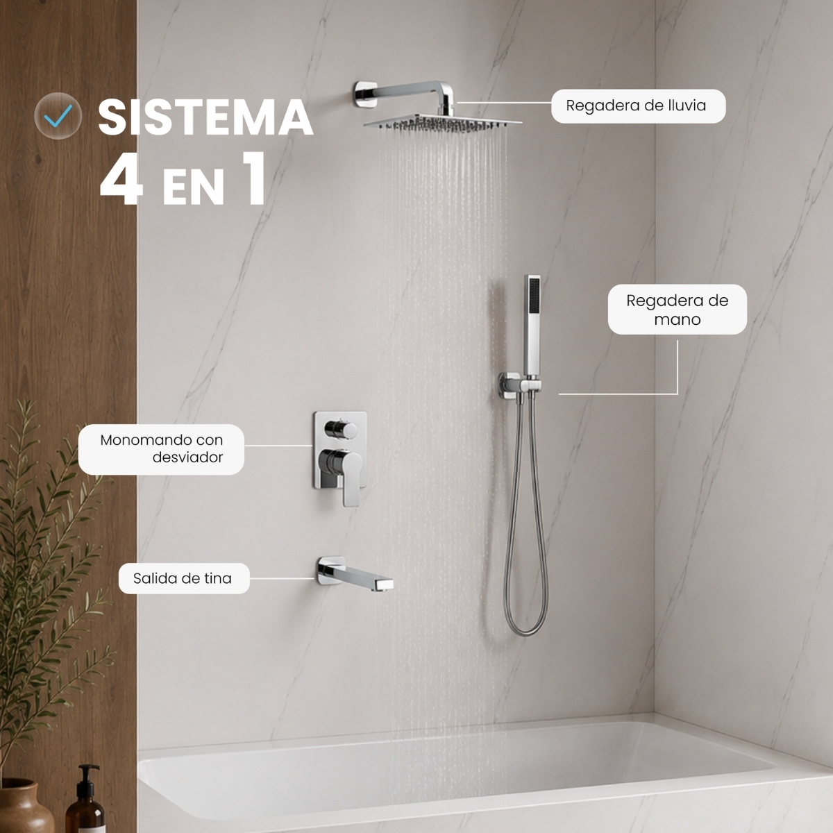 Kit de Regadera Cuadrada 4 Piezas Acabado Cromo – HG-N8005C