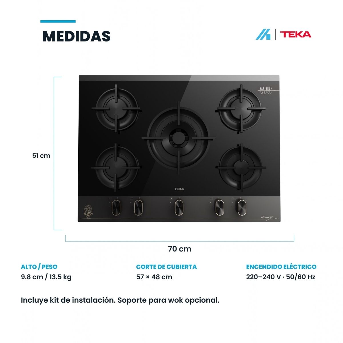 Alternative view of Parrilla de Gas Empotrable Teka Maestro GBC 75 Van Gogh 5 Quemadores Cristal Negro – TK-112570244