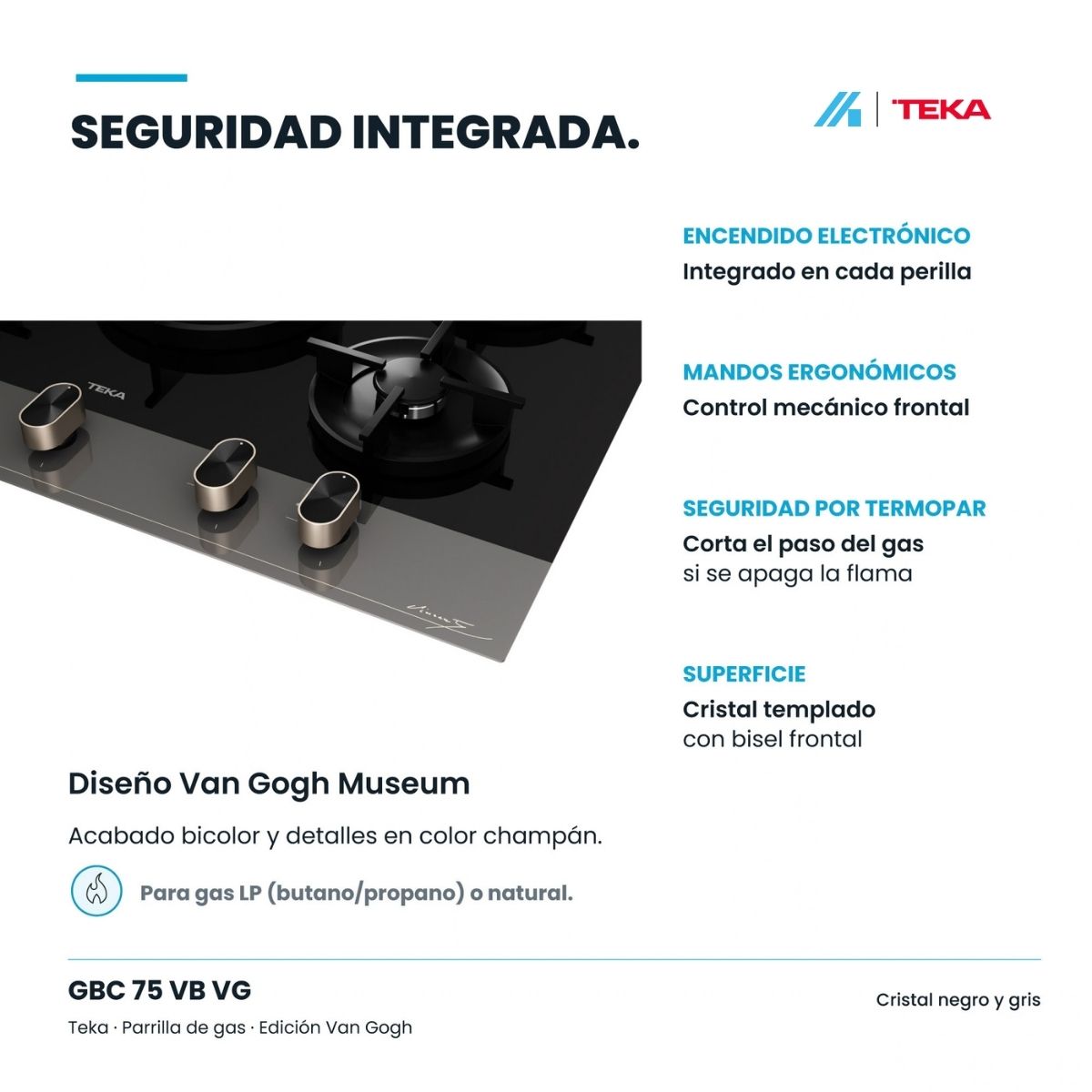 Parrilla de Gas Empotrable Teka Maestro GBC 75 Van Gogh 5 Quemadores Cristal Negro – TK-112570244