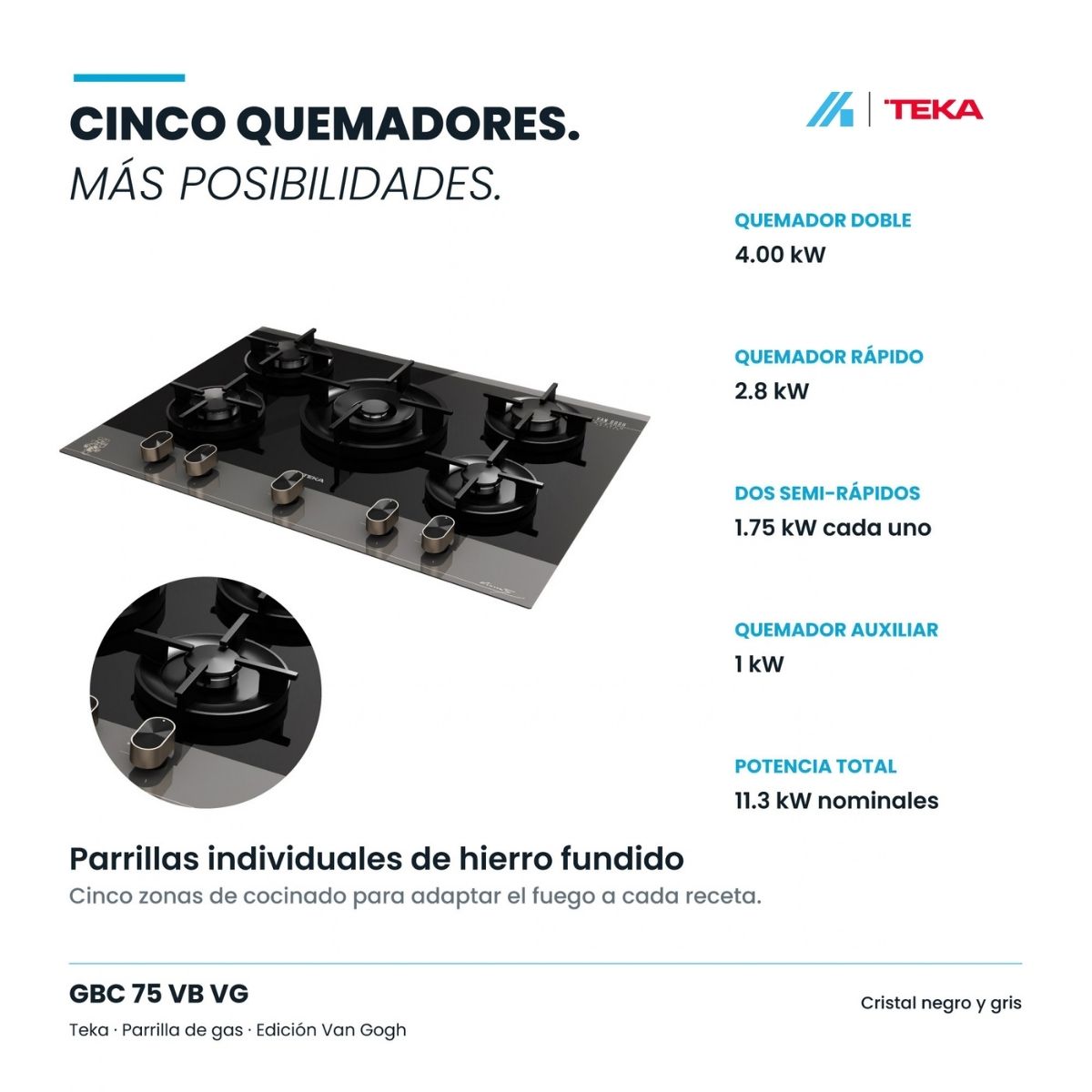 Parrilla de Gas Empotrable Teka Maestro GBC 75 Van Gogh 5 Quemadores Cristal Negro – TK-112570244