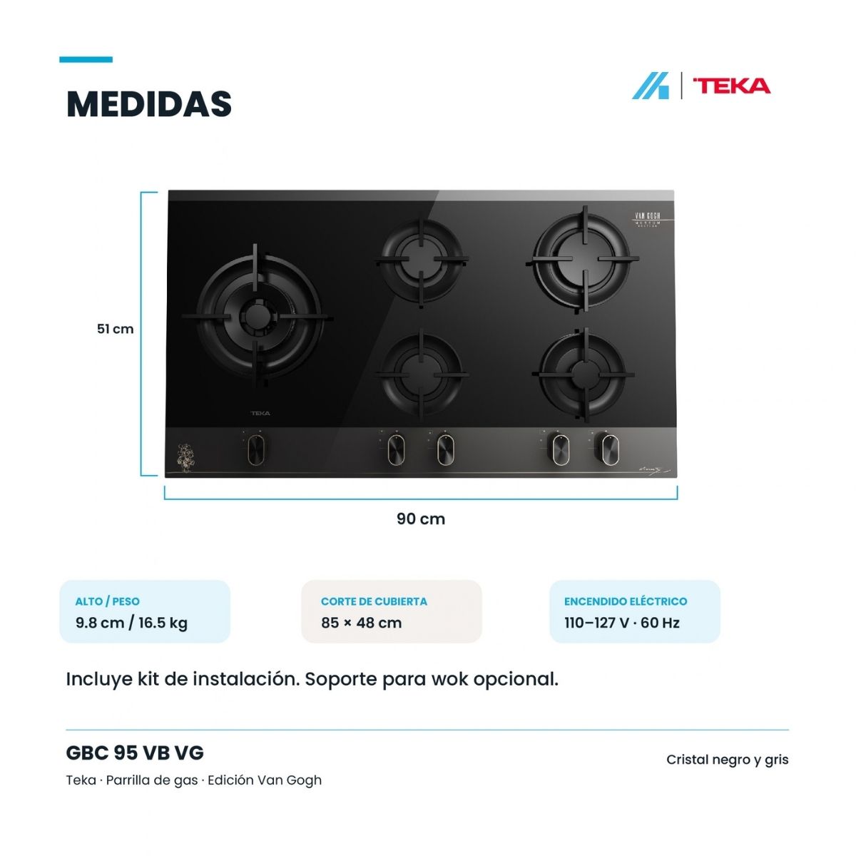 Alternative view of Parrilla de Gas Empotrable Teka Maestro GBC 95 Van Gogh 90 cm 5 Quemadores – TK-112570246