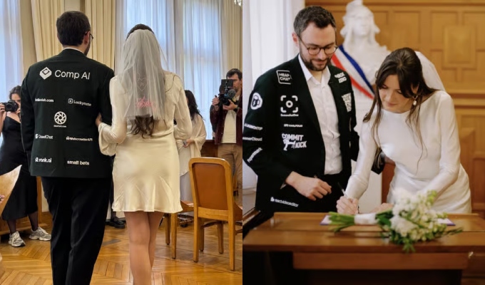 Hombre se vuelve viral tras financiar su boda vendiendo espacios publicitarios en su traje