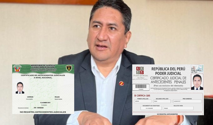 Vladimir Cerrón expone certificado que indica que no tiene antecedentes penales ni judiciales