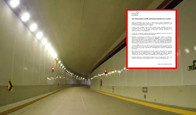 Rutas de Lima advierte que cerrará Túnel Benavides a medianoche si MML no realiza transferencia