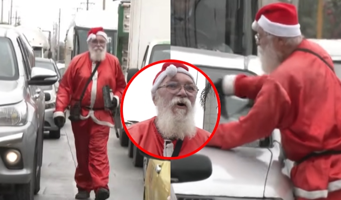 La magia de la Navidad: abuelito se viste de Papá Noel y limpia parabrisas en Chorrillos