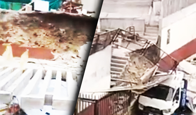 Caída de muro perimétrico de un colegio en SMP destruye cabina de un camión