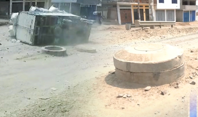 Camión vuelca por buzones de desagüe en mal estado en vía de Jicamarca