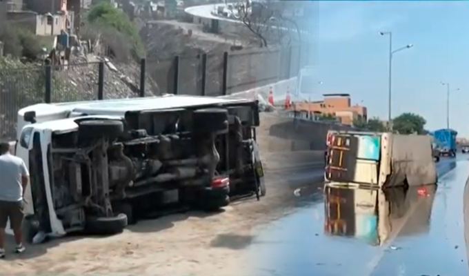 Camión de aceita se vuelca y paraliza transito en la Línea Amarilla y genera caos vehicular