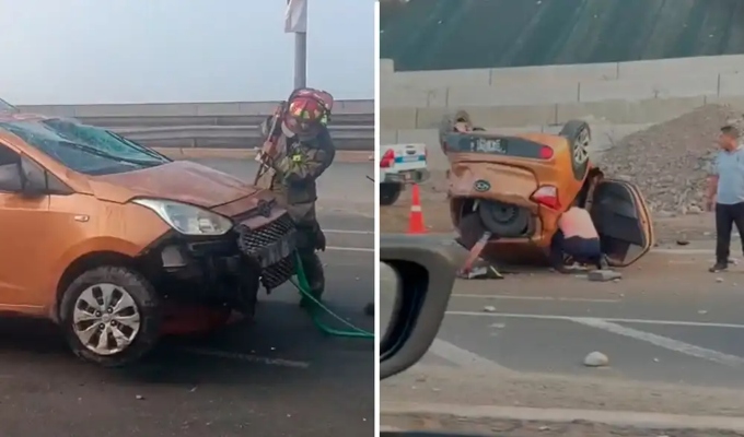 ¡Aparatoso accidente! Auto da vueltas de campana y deja cinco heridos