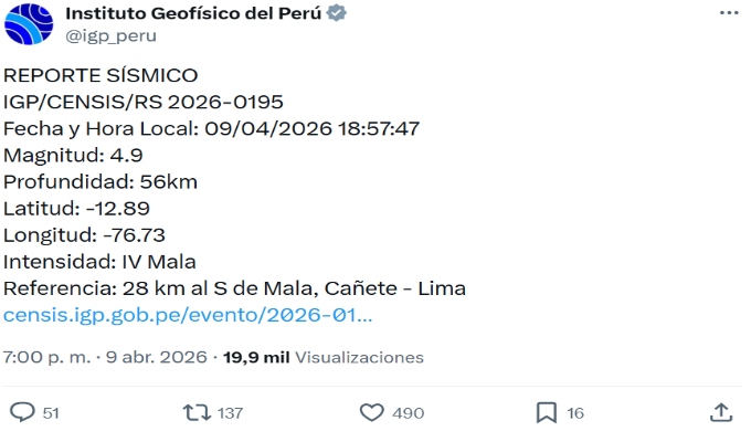 Sismo de magnitud 4.9 se registró a las 18:57 al sur de Lima