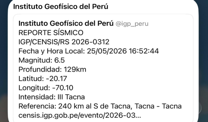 Sismo de magnitud 6.5 remeció el sur del Perú esta tarde