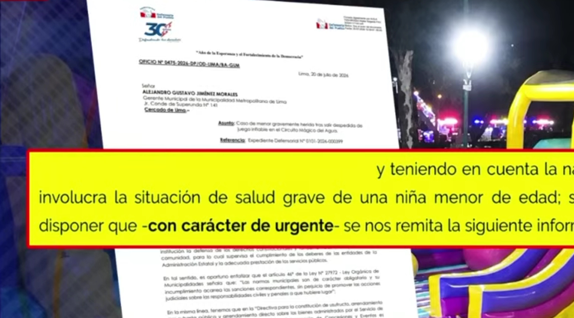 Defensoría del Pueblo investiga accidente que dejó a niña en UCI tras caer de juego inflable