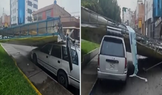 Tacna: fuertes vientos arrancan panel publicitario y cae sobre vehículo