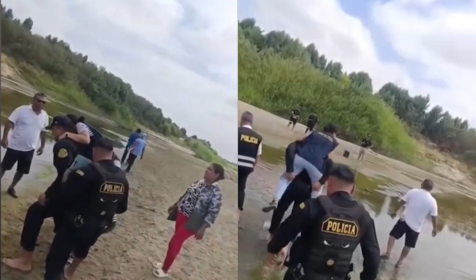 Piura: fiscal es cargada por policías para evitar cruzar el río y ensuciarse los zapatos