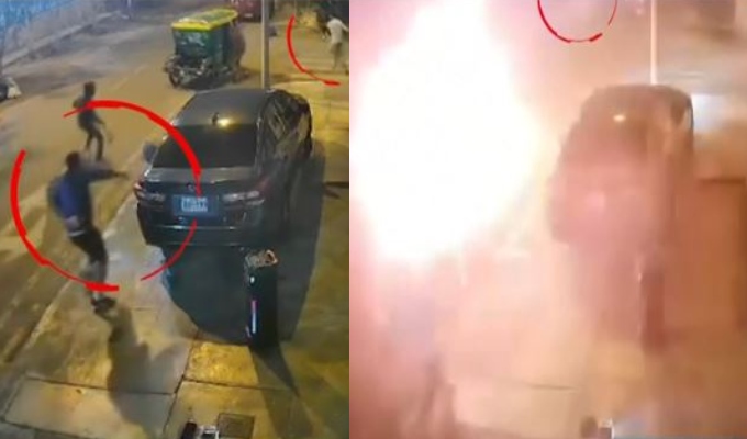 Imprudencia y caos: barristas se enfrentan y lanzan pirotécnicos cerca de un vehículo