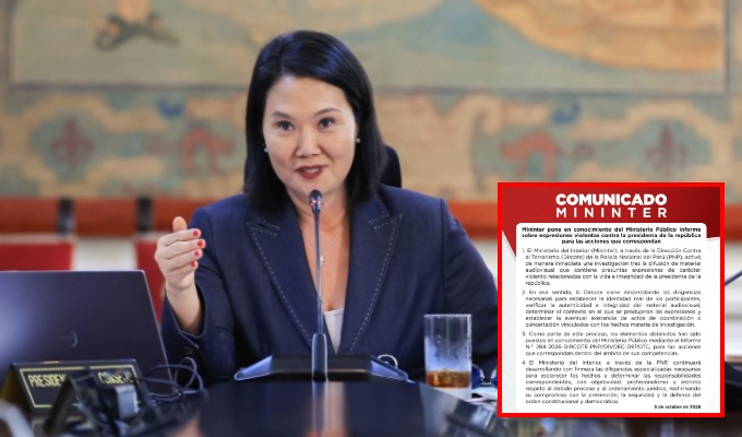 Mininter activa investigación tras difusión de presuntas amenazas contra presidenta Keiko Fujimori
