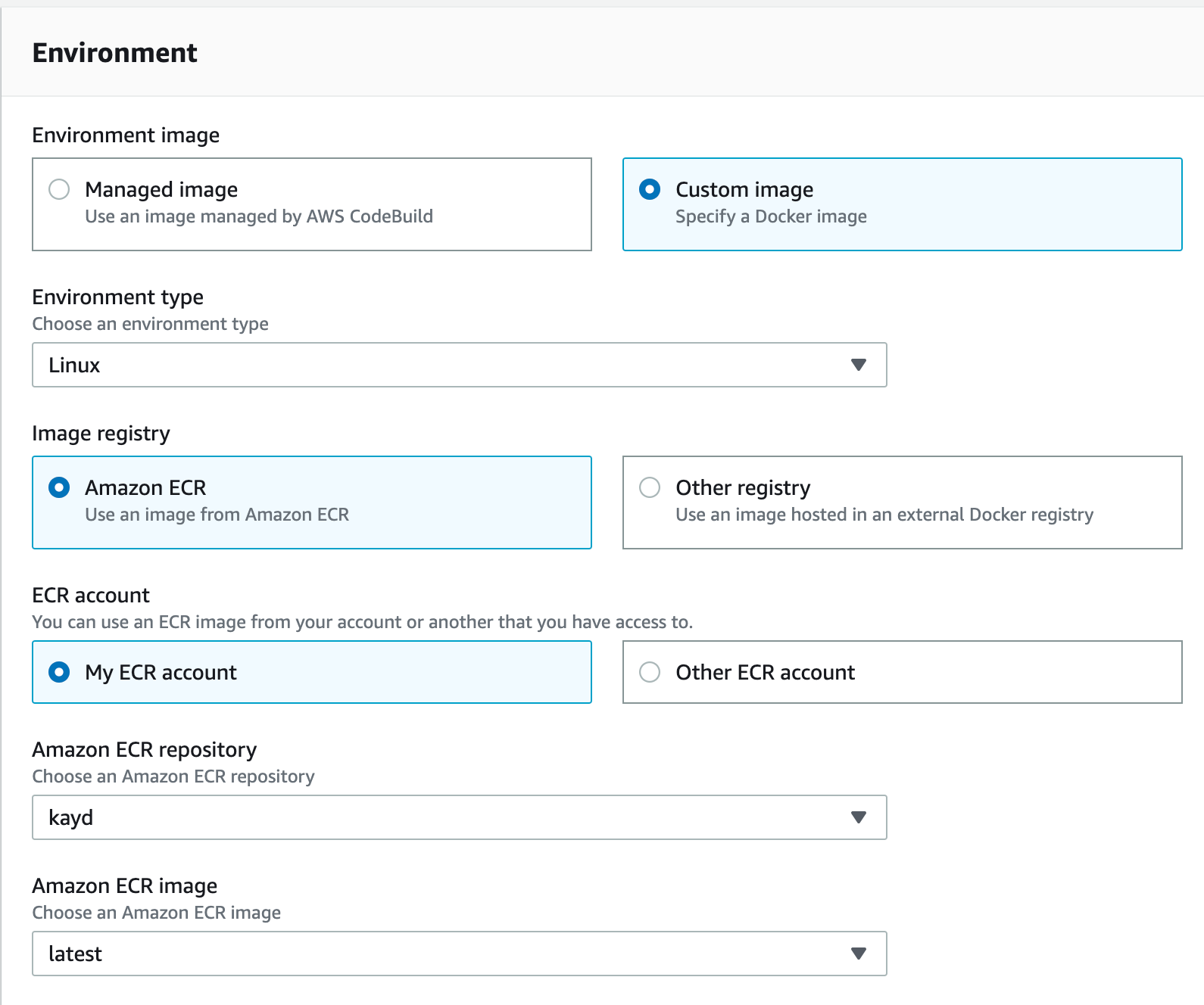 You will need to make sure to use the Custom image for Environment Image and Project Service Role for the Image Pull Credentials