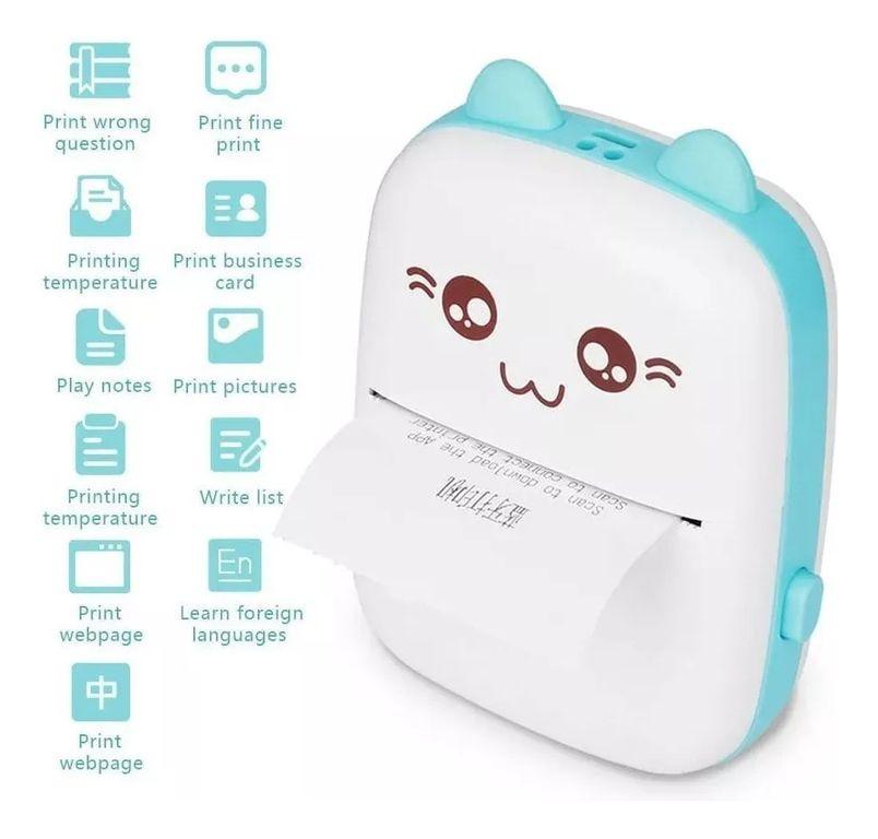 Mini Impresora Portatil Bluetooth Gatito + 1 Rollo Termico Color Azul