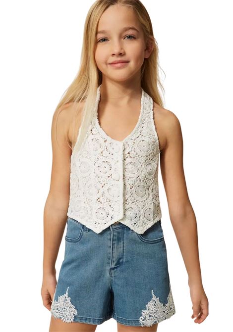 short in denim con dettagli in pizzo twinset | Gonna & Shorts | GJ2081BLU