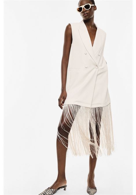 Abito lungo smanicato con frange e doppio petto