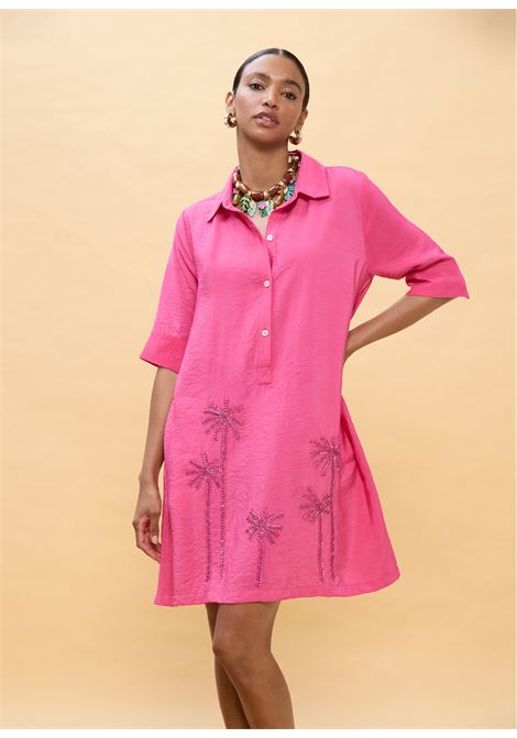 Abito corto fucsia con palme ricamate LOLA CASADEMUNT | LS2616034FUXIA