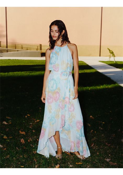 Abito con volant e rosa in tessuto - TURCHESE