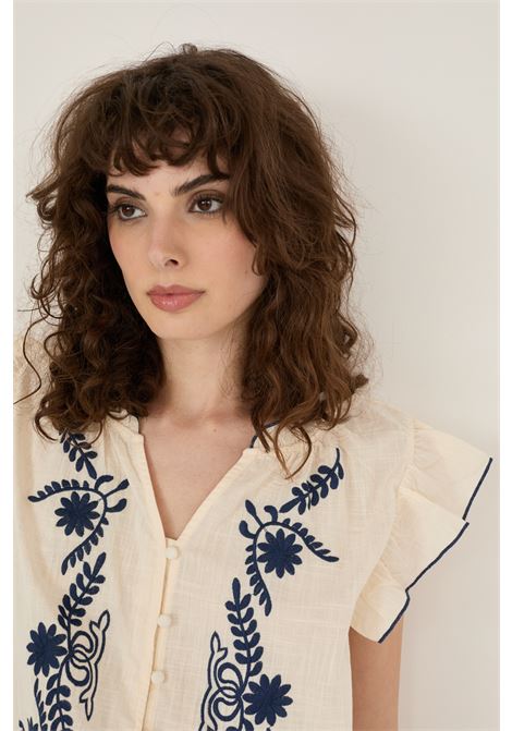 Camicia in cotone con ricami SOUVENIR | D39V1384BURRO