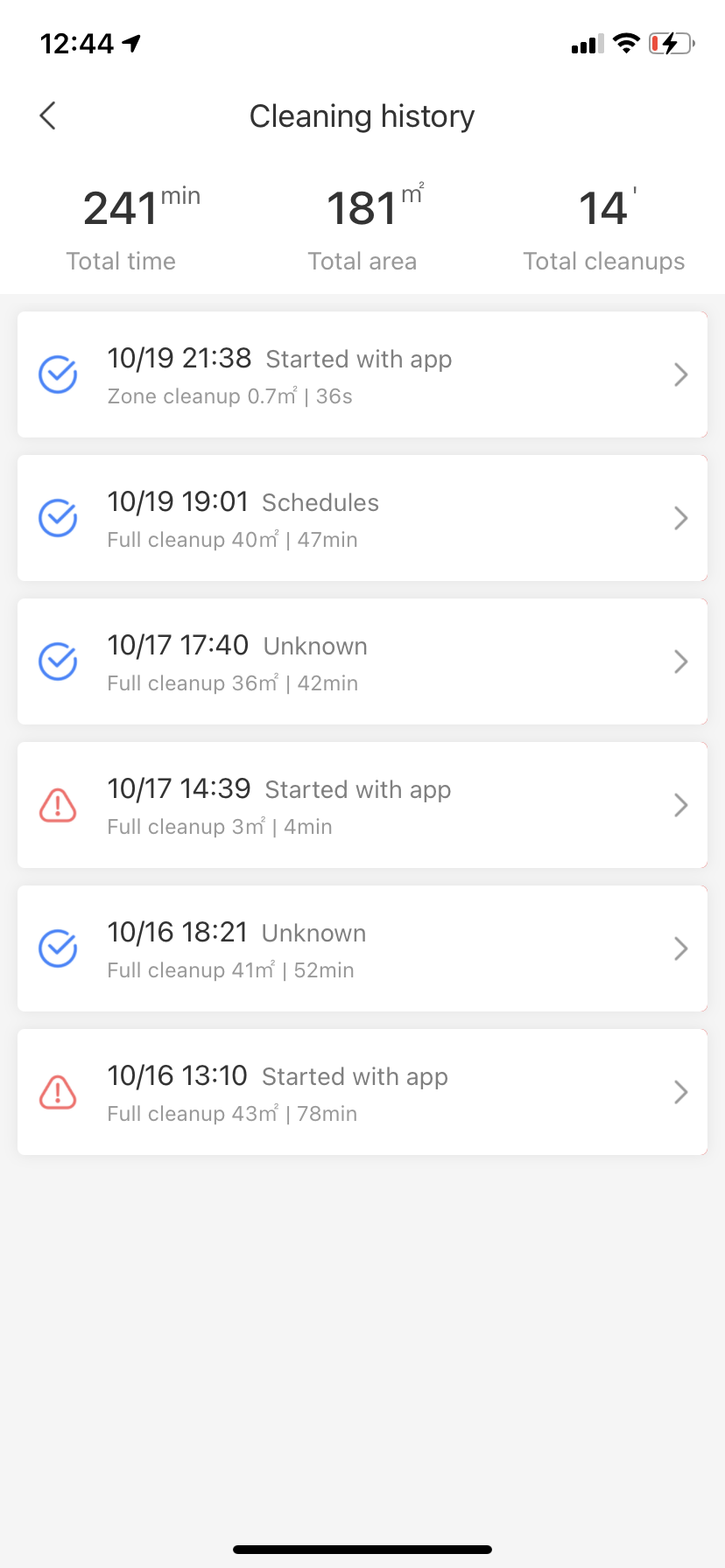Roborock S6 MaxV Vacuum App Cleaning log