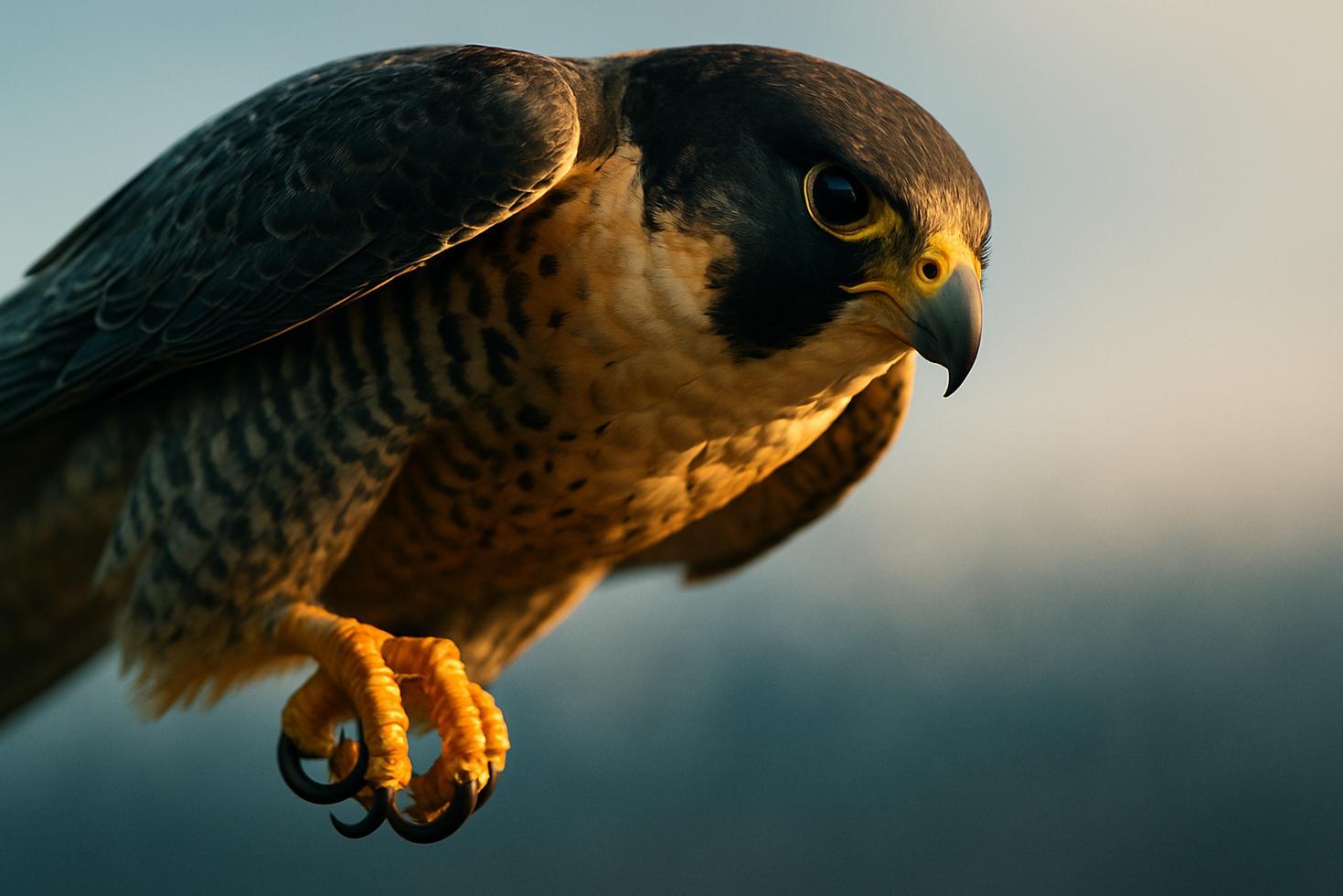 A peregrine falcon mid-stoop with wings swept back and talons clenched, diving at high speed against a blue sky.