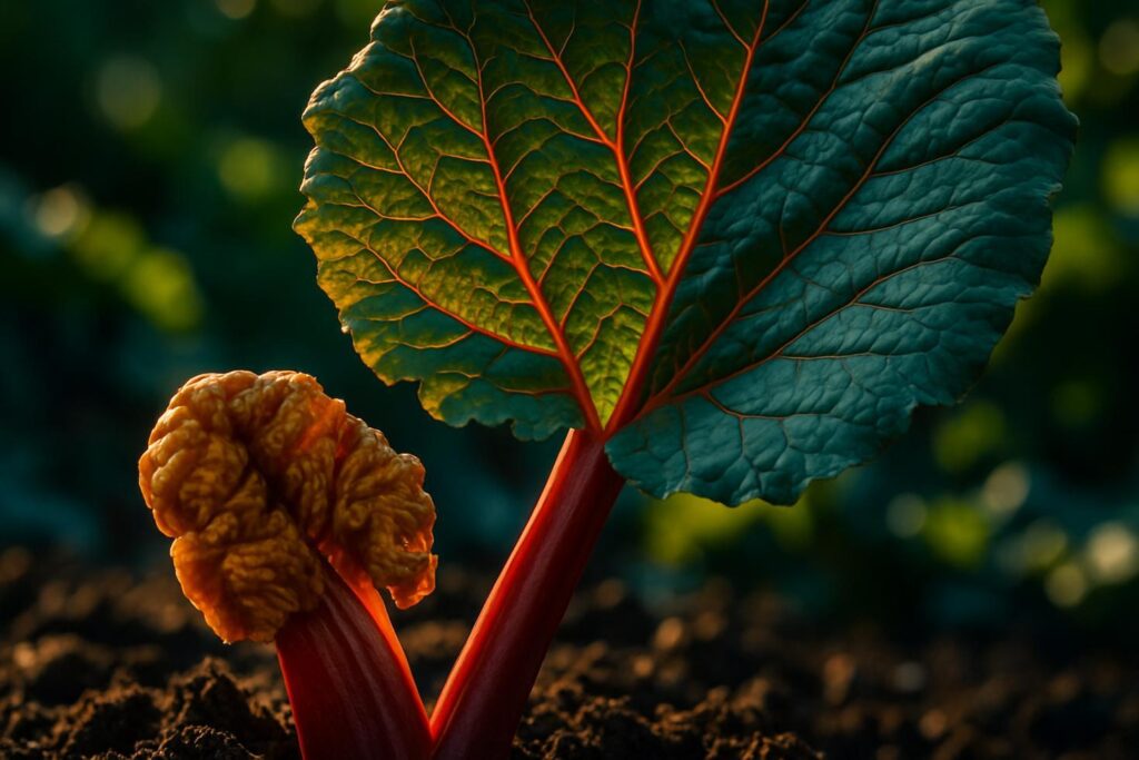 Cross-section view of rhubarb showing bright red edible stalks beside broad green leaf blades on a wooden surface.