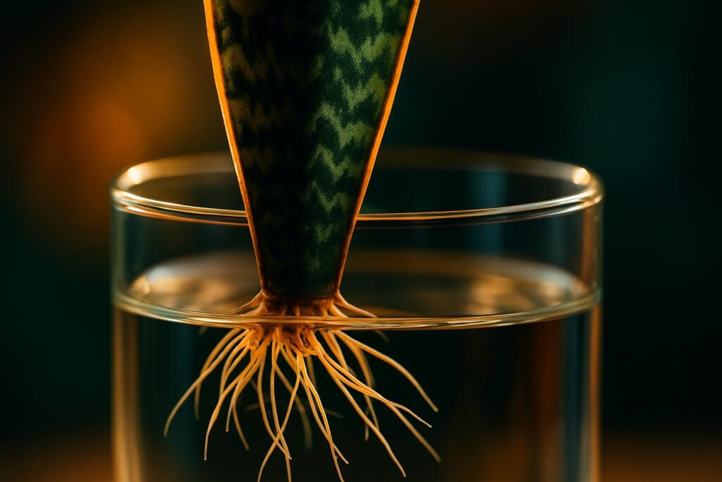 Close-up of snake plant cutting in clear glass vase showing thin white water roots submerged in water against light background.