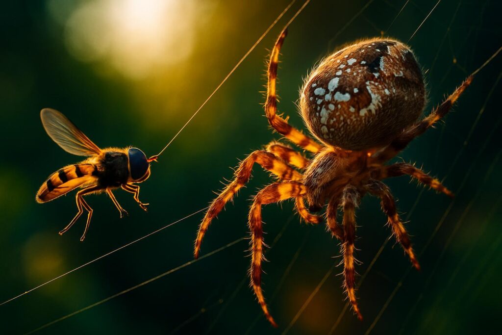 Close-up of an orb weaver spider web with fine spiral silk threads slightly curved, backlit against a blurred green background.