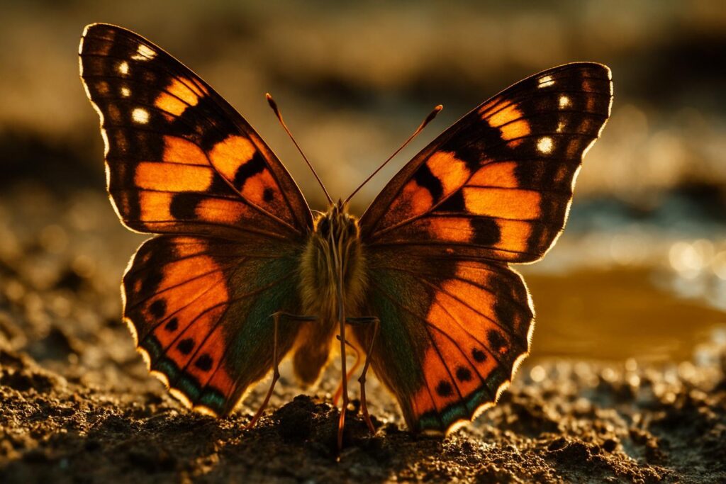 Male butterfly with wings spread flat, sipping from wet mud at the edge of a puddle on a dirt path.