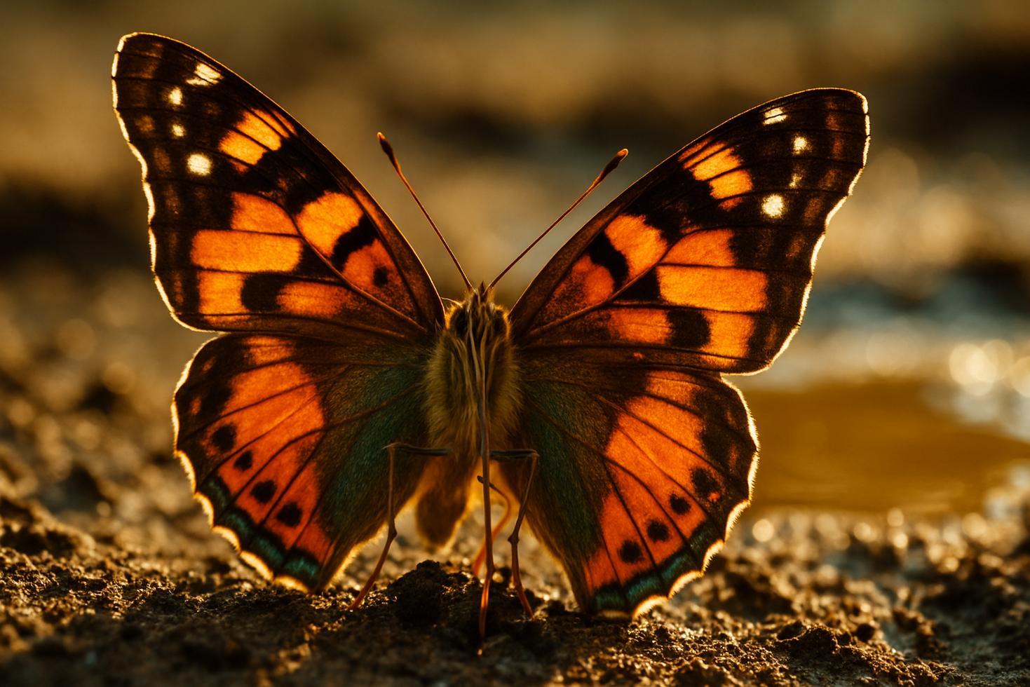 Male butterfly with wings spread flat, sipping from wet mud at the edge of a puddle on a dirt path.