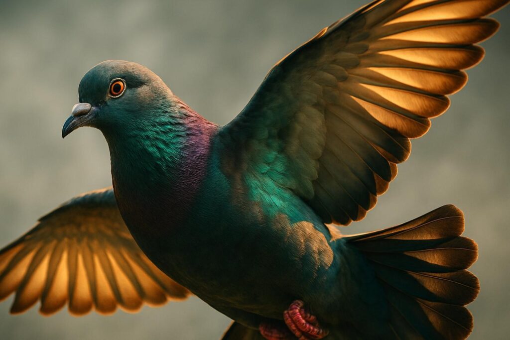 Close-up of a homing pigeon in flight against an overcast sky, wings extended, leg band visible.