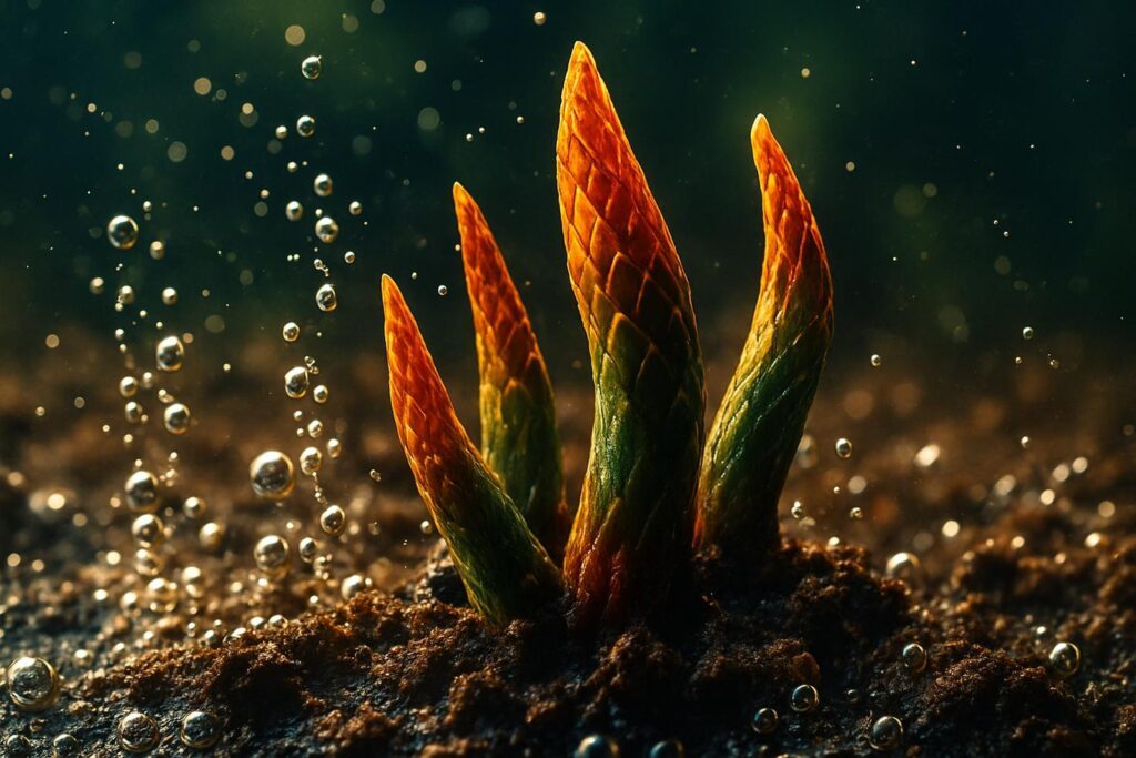 Close-up of hydrogen peroxide bubbling and fizzing as it contacts dark moist soil in a terracotta pot.