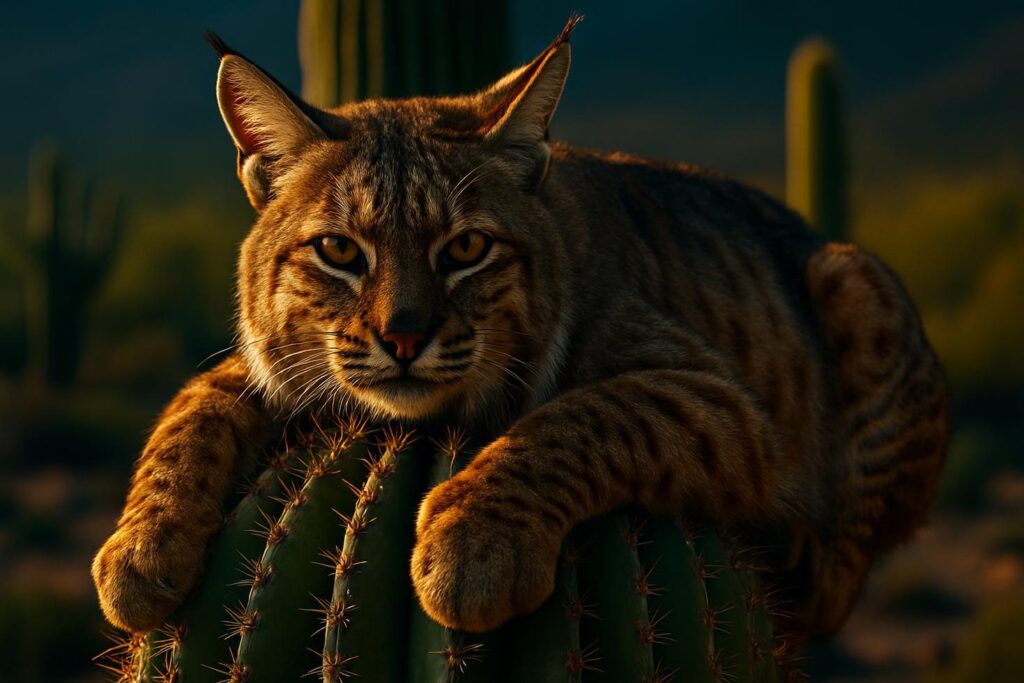 Bobcat lying flat on top of a tall saguaro cactus in the Sonoran Desert, surrounded by blue sky.