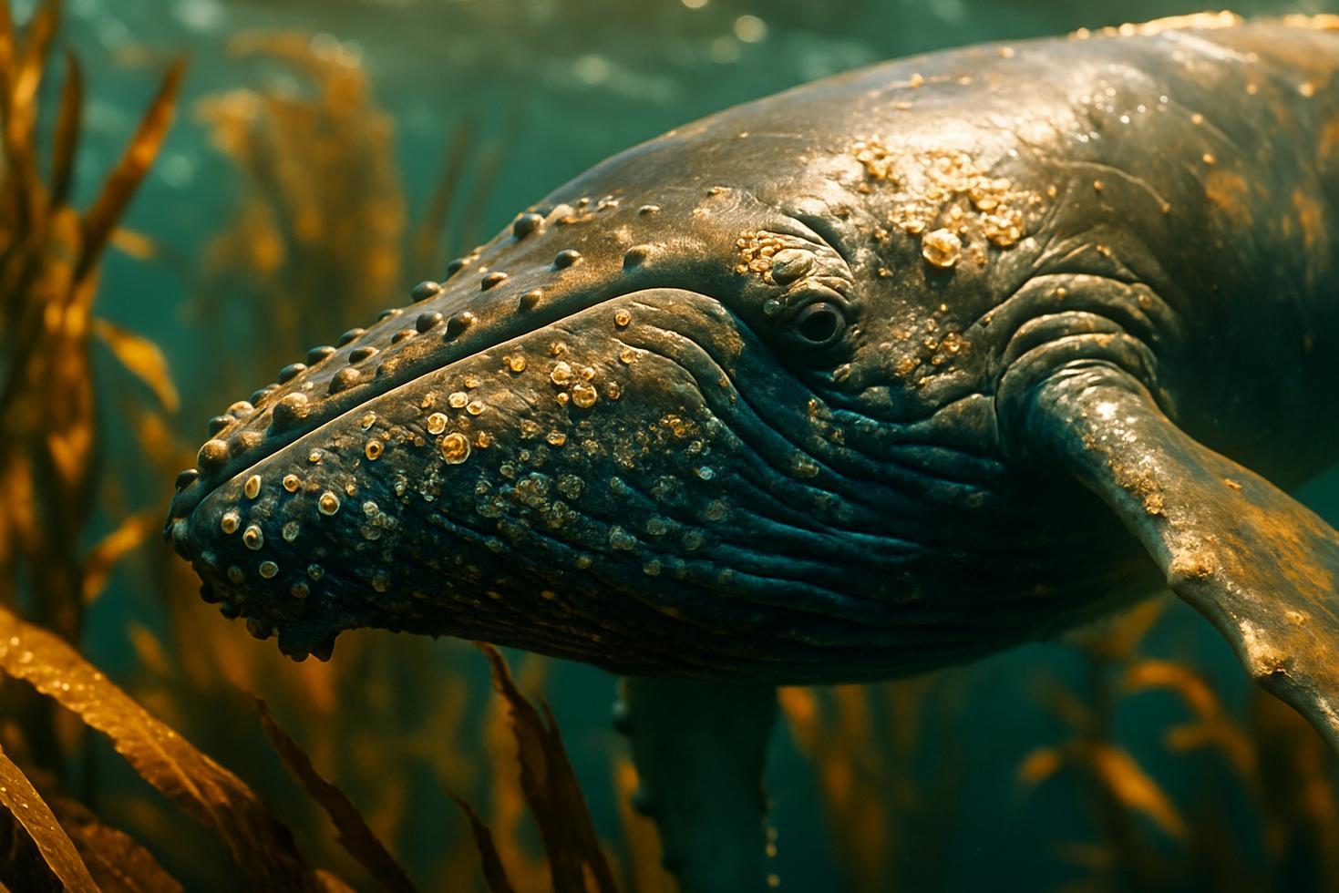 Humpback whale rolling sideways through floating kelp fronds at the ocean surface, barnacles visible on skin.