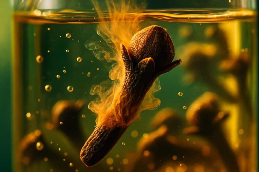 Whole dried cloves submerged in clear liquid vinegar inside a glass jar on a wooden surface.