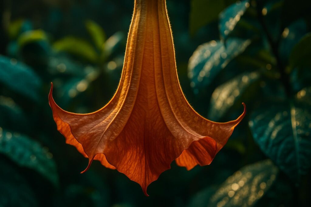 Close-up of pale yellow Brugmansia trumpet-shaped flowers hanging downward from a branch in soft natural light.