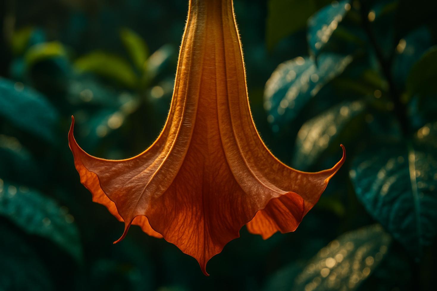 Close-up of pale yellow Brugmansia trumpet-shaped flowers hanging downward from a branch in soft natural light.