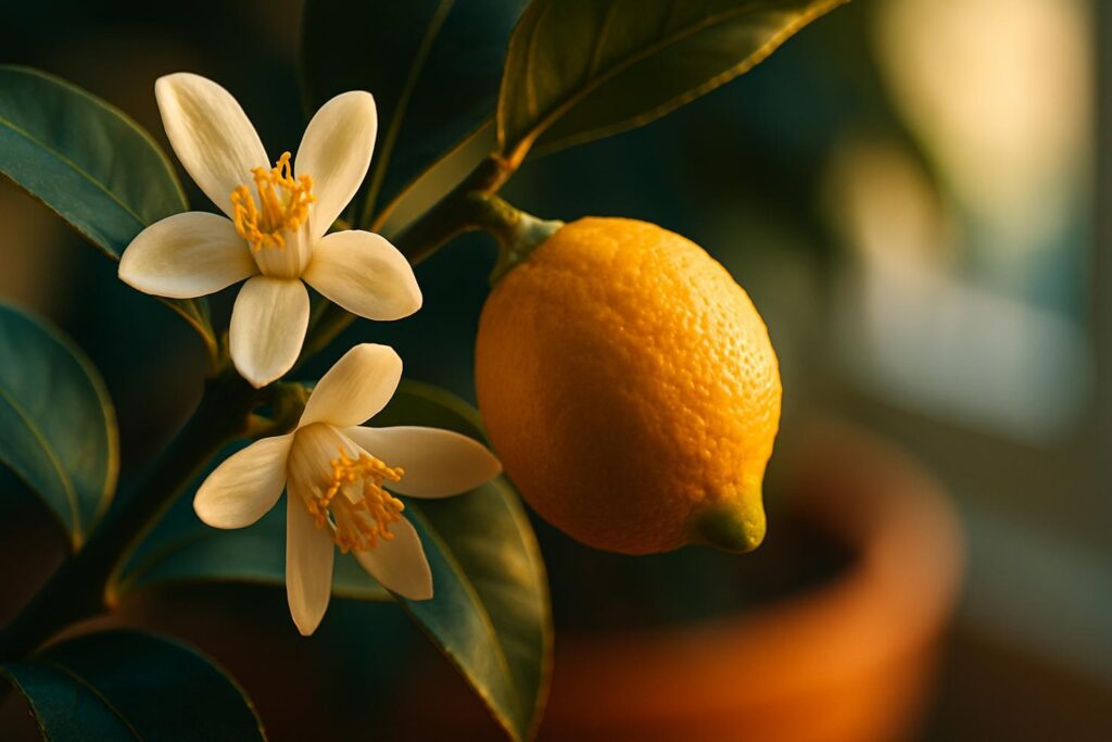 A Meyer lemon tree branch showing open white flowers, small green developing fruit, and one yellowing fruit, all at once.