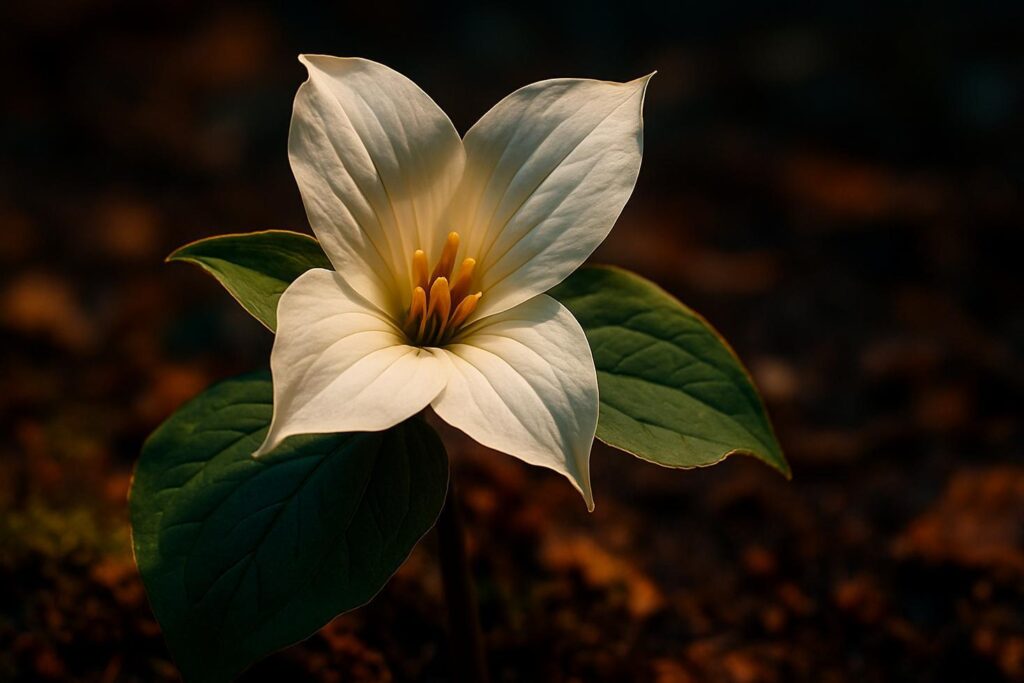 Close-up of a single white Trillium grandiflorum flower above three broad green leaves on a forest floor