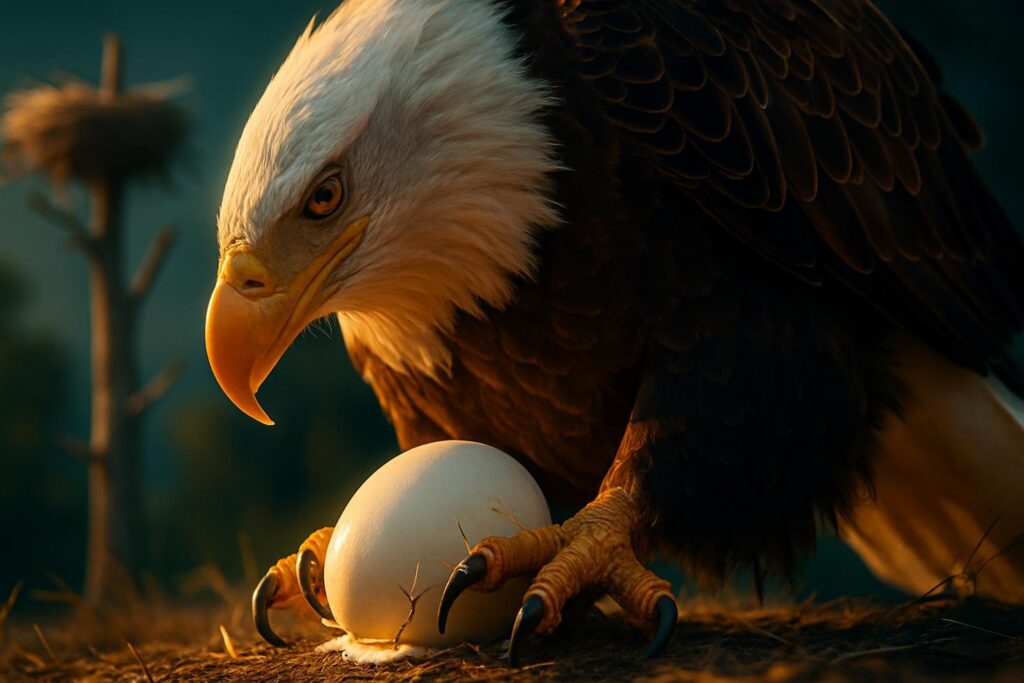 A bald eagle sitting on a large stick nest in a tall tree, wings folded, against a clear sky.