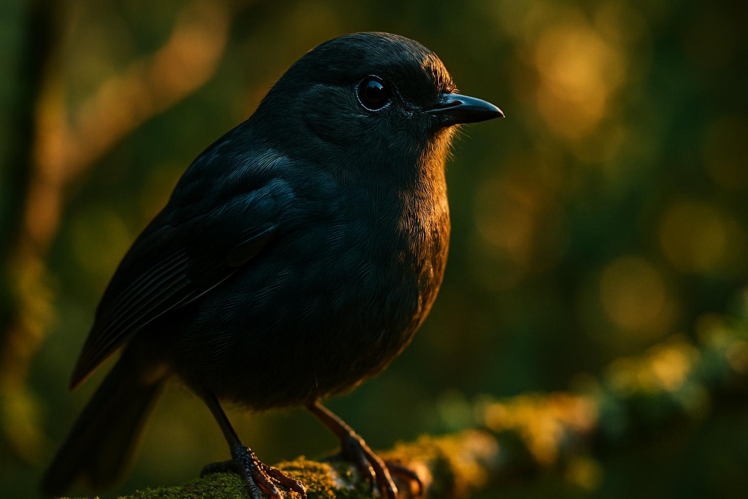 A small black bird with a white chest patch perches on a mossy branch against soft green island vegetation.