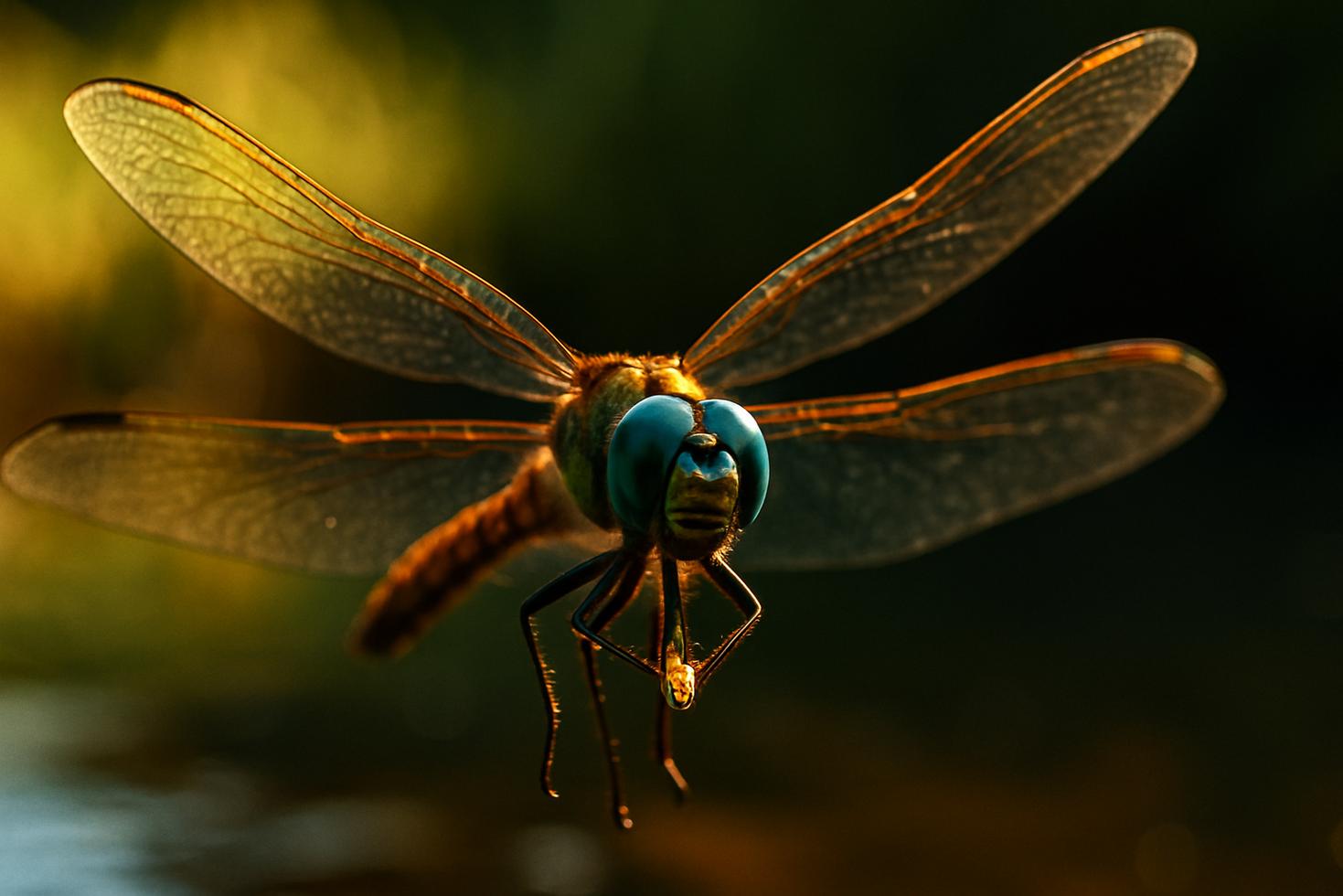 Close-up of a dragonfly perched on a reed stem above still water, wings fully spread, compound eyes visible.