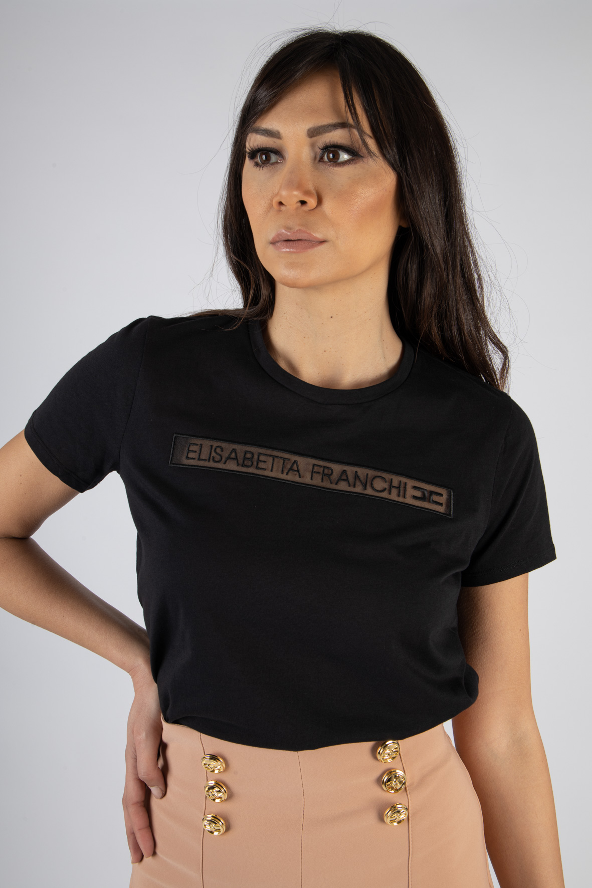 T-shirt girocollo nero da donna con dettaglio light gold by elisabetta  franchi - ELISABETTA FRANCHI - Pavidas