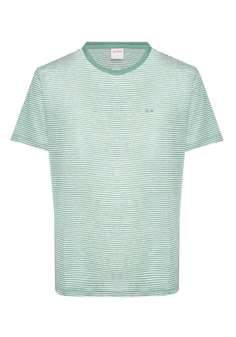 T-shirt in jersey di lino verde salvia bianco panna Sun68 | T361318431