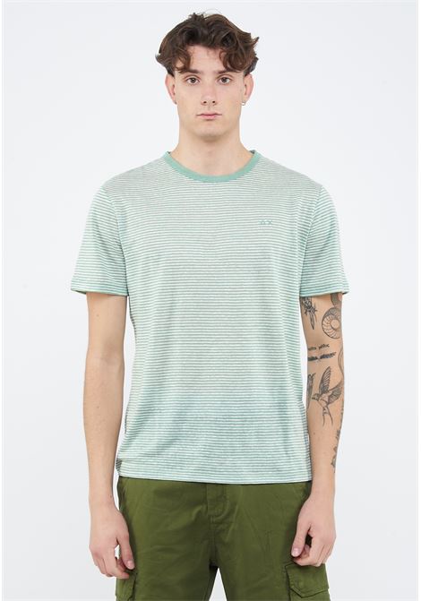 T-shirt in jersey di lino verde salvia bianco panna Sun68 | T361318431