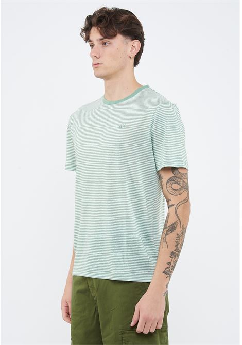 T-shirt in jersey di lino verde salvia bianco panna Sun68 | T361318431